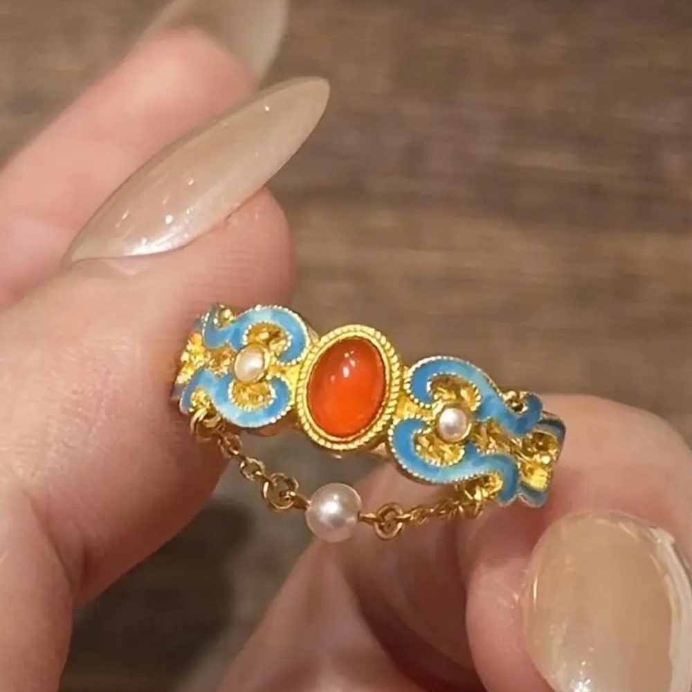New! Chinese-Style Golden Alloy Enamel Ring